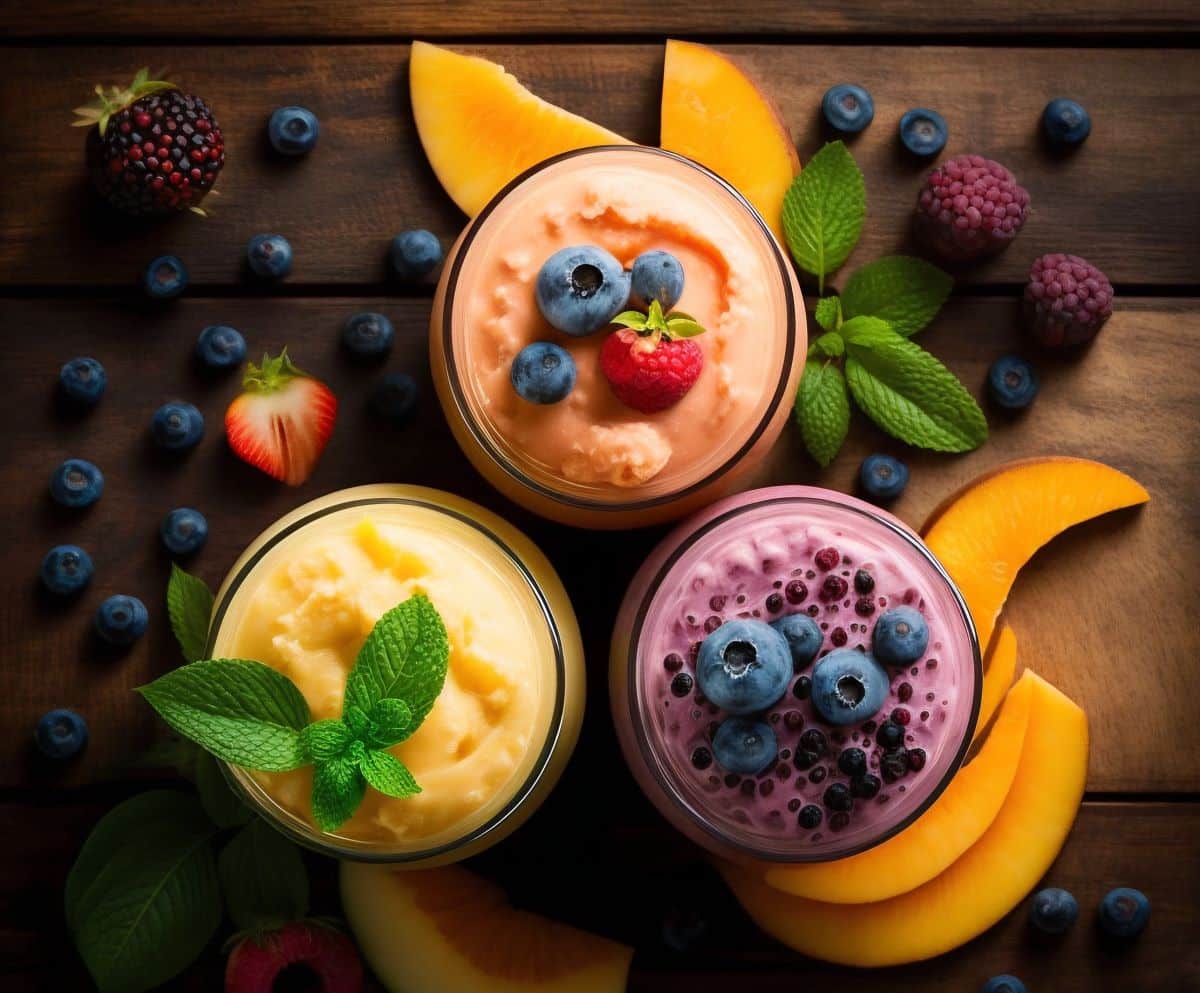 three colourful smoothies with fruit